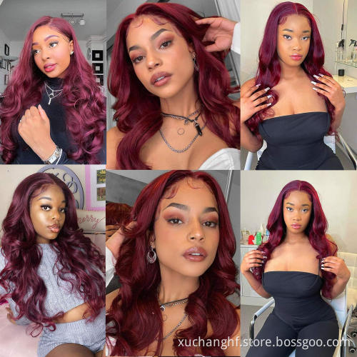 Body Wave Colored Human Hair Lace Front Wigs 180% Density HD Transparent Wig 99J Red Burgundy Remy Brazilian Wig For Black Women